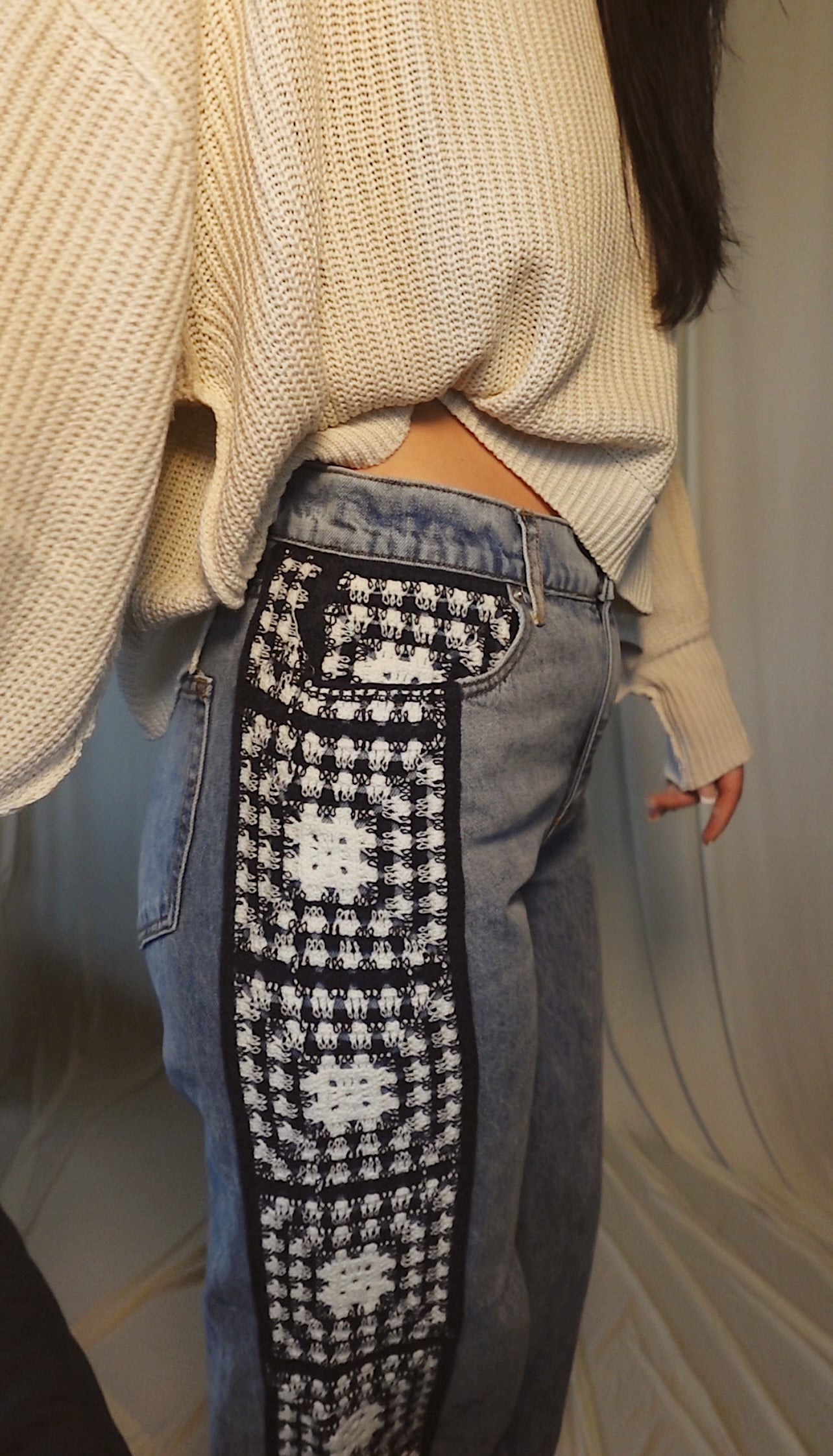 unique crochet detail patchwork jeans