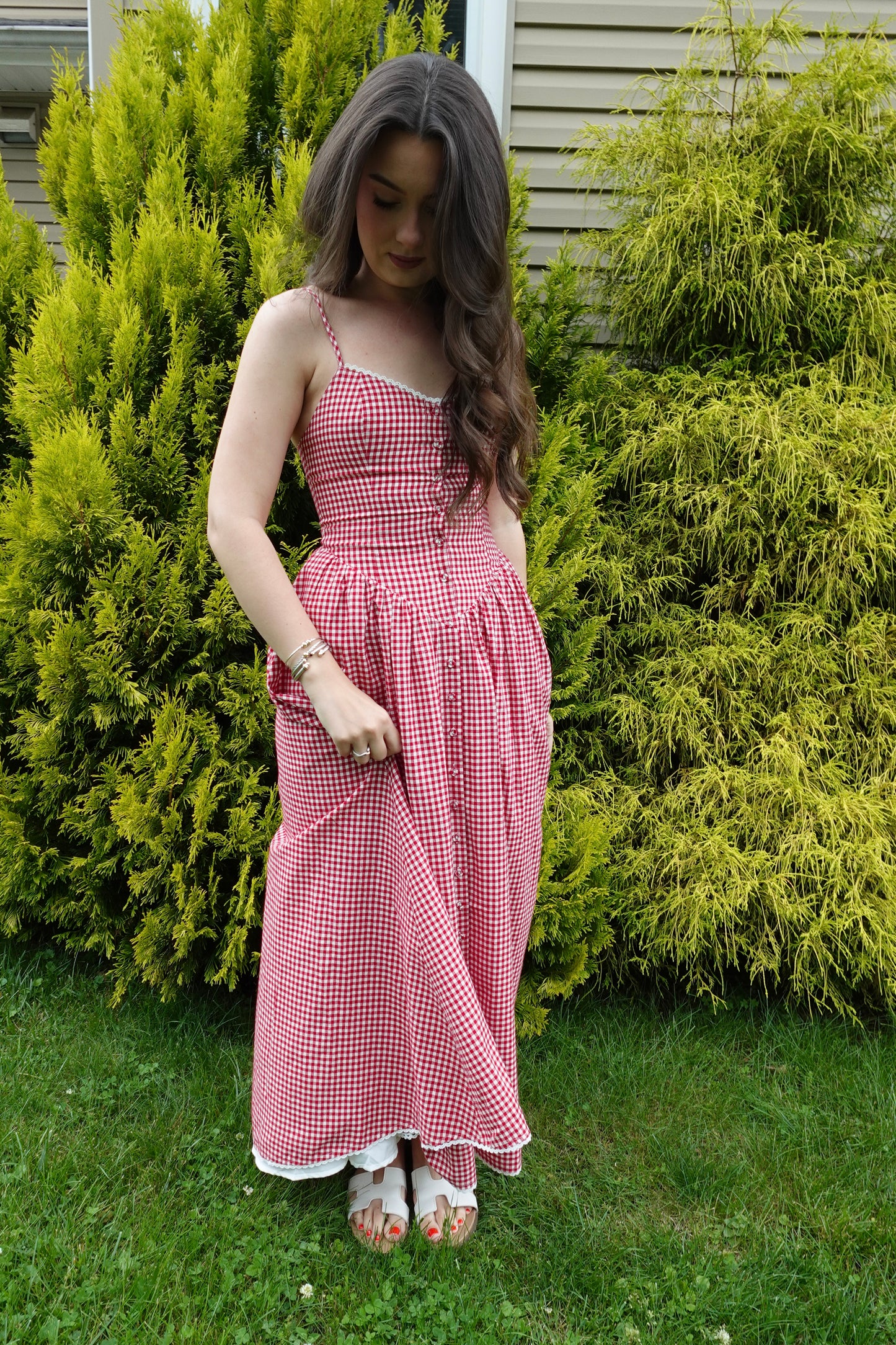red gingham button down dress
