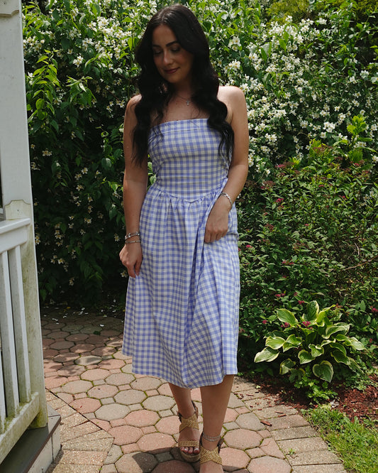 blue and white gingham maxi dress