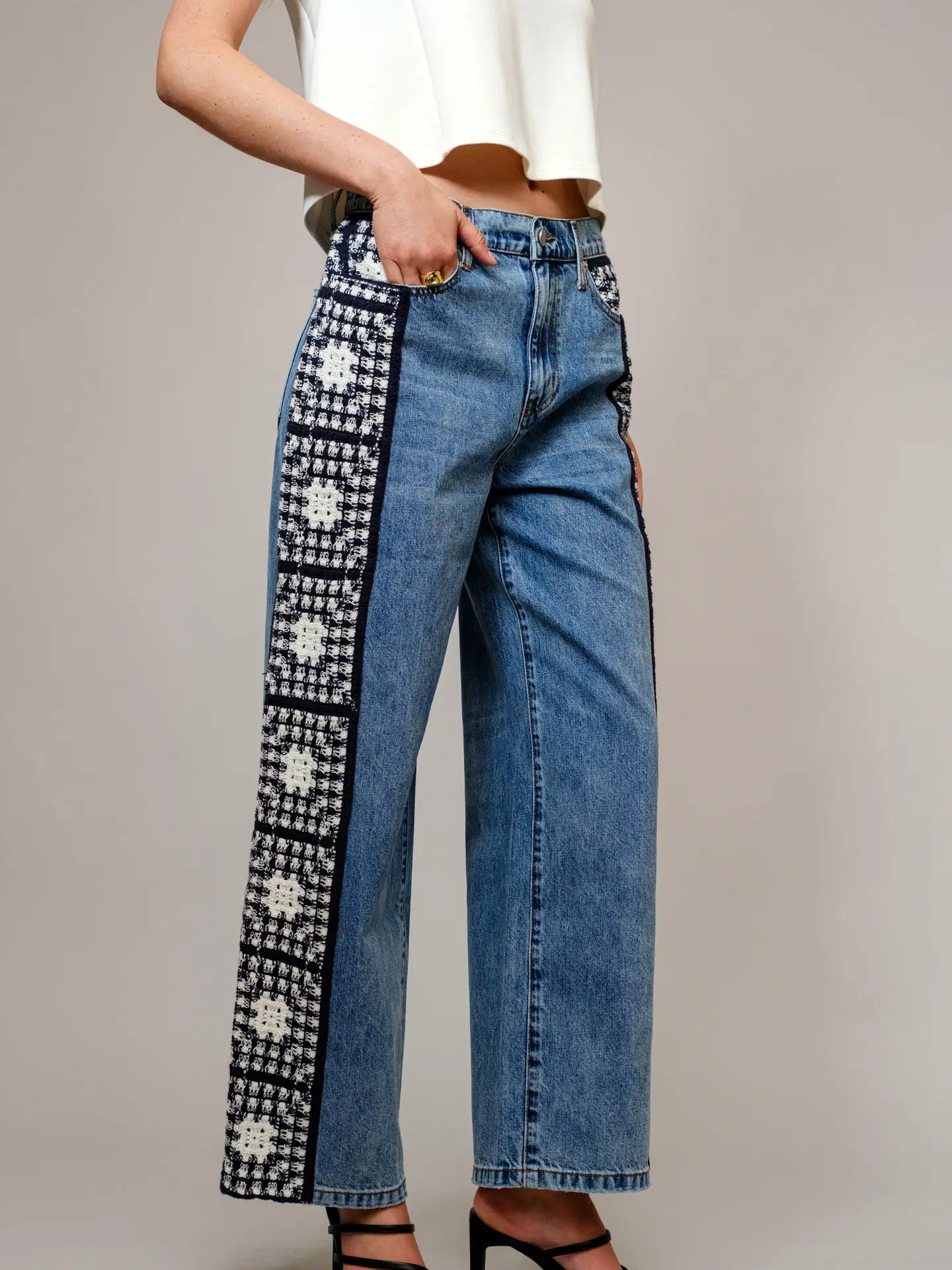 denim jeans with decorative crochet side