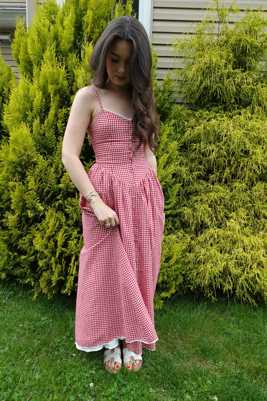 red gingham button down dress